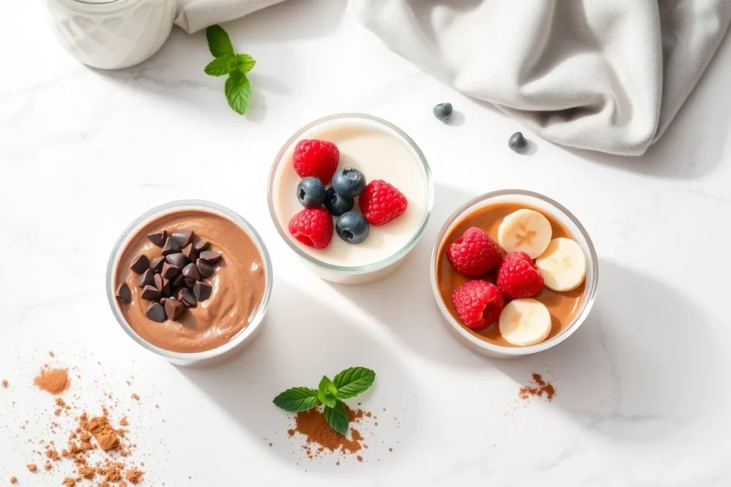 Three bowls of protein pudding in chocolate, vanilla, and peanut butter flavors with toppings.