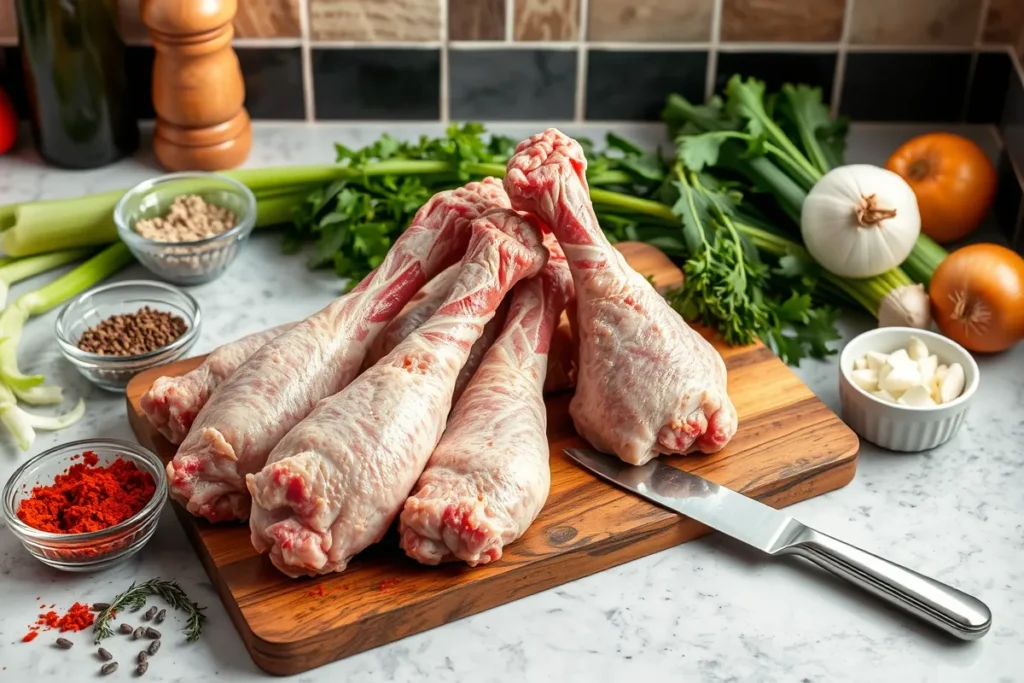  Raw turkey necks with spices and vegetables on a wooden board.