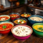 A variety of soups from around the world, including Borscht, Clam Chowder, and Tom Yum, presented in vibrant bowls on a rustic table.