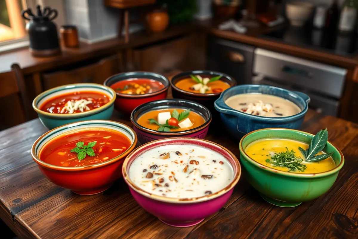 A variety of soups from around the world, including Borscht, Clam Chowder, and Tom Yum, presented in vibrant bowls on a rustic table.