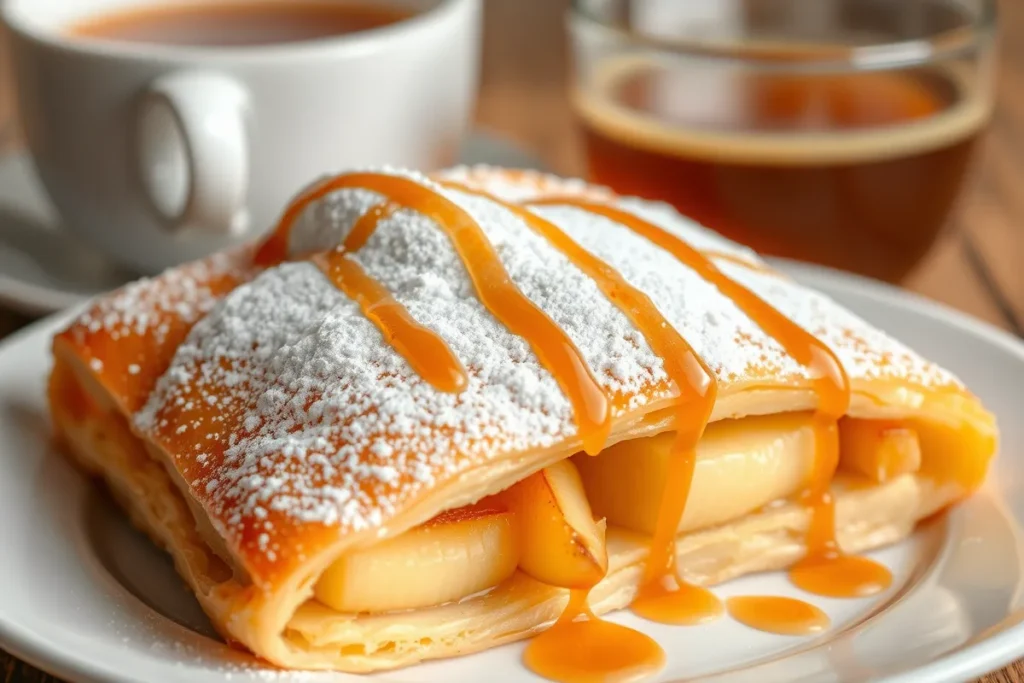 Golden apple puff pastry served with caramel sauce and a steaming cup of tea.