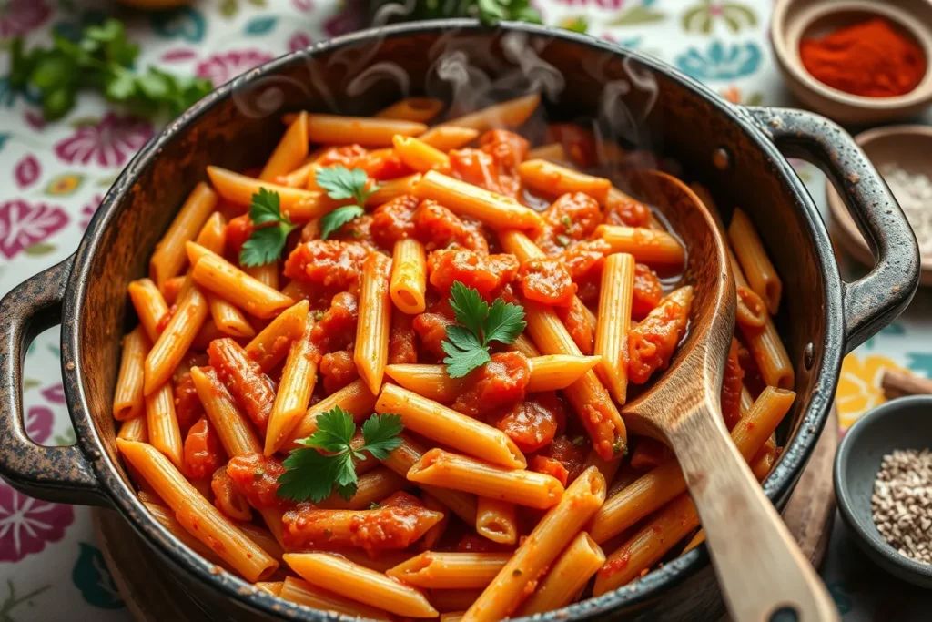 A hearty bowl of pastalaya in a cast iron pot.