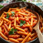 A hearty bowl of pastalaya in a cast iron pot.