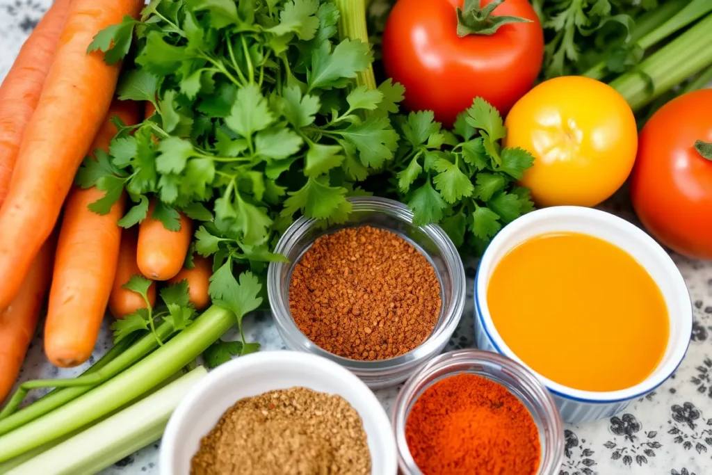 Fresh ingredients for soup, including vegetables, herbs, and spices, displayed on a kitchen counter.