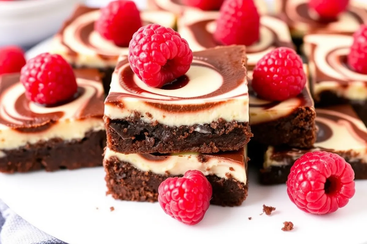 "Decadent cheesecake swirl brownies topped with fresh raspberries, arranged on a white plate.