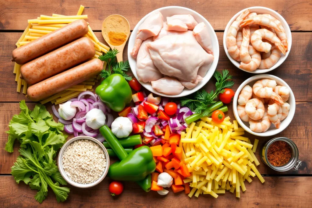  Ingredients for a pastalaya recipe laid out on a rustic wooden table.