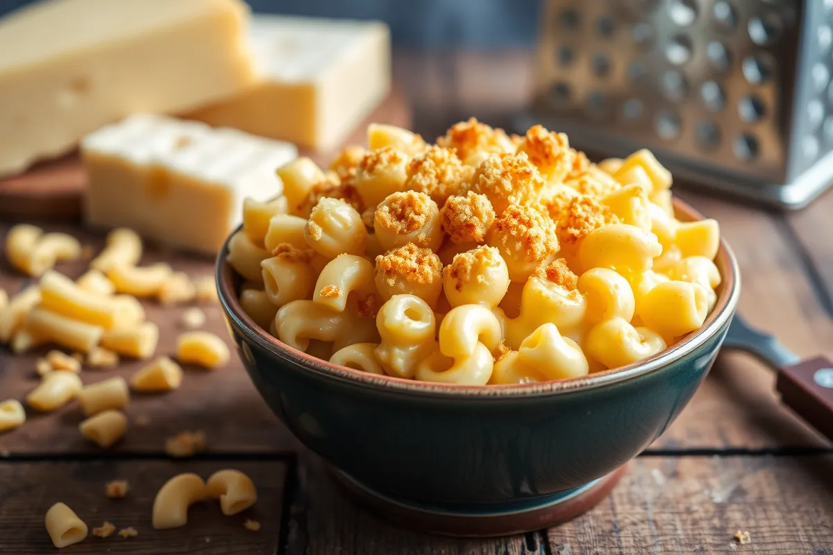 A bowl of creamy mac and cheese topped with golden breadcrumbs on a rustic wooden table.