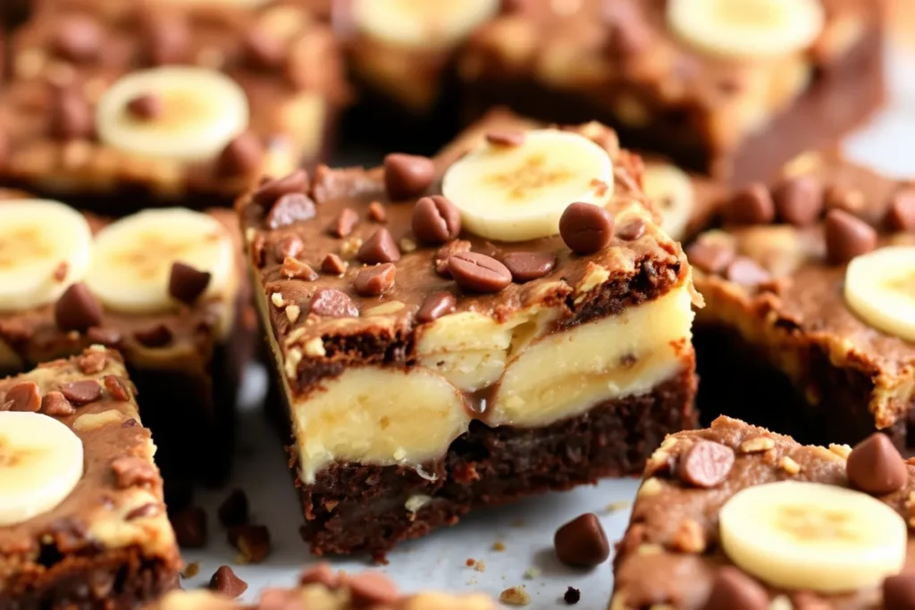 "Chocolate banana brownies layered with fresh banana slices, chocolate chips, and creamy filling."