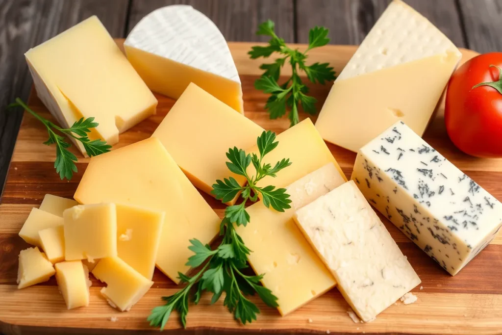  A selection of cheeses, including cheddar, Gruyère, Gouda, and Parmesan, on a wooden board.