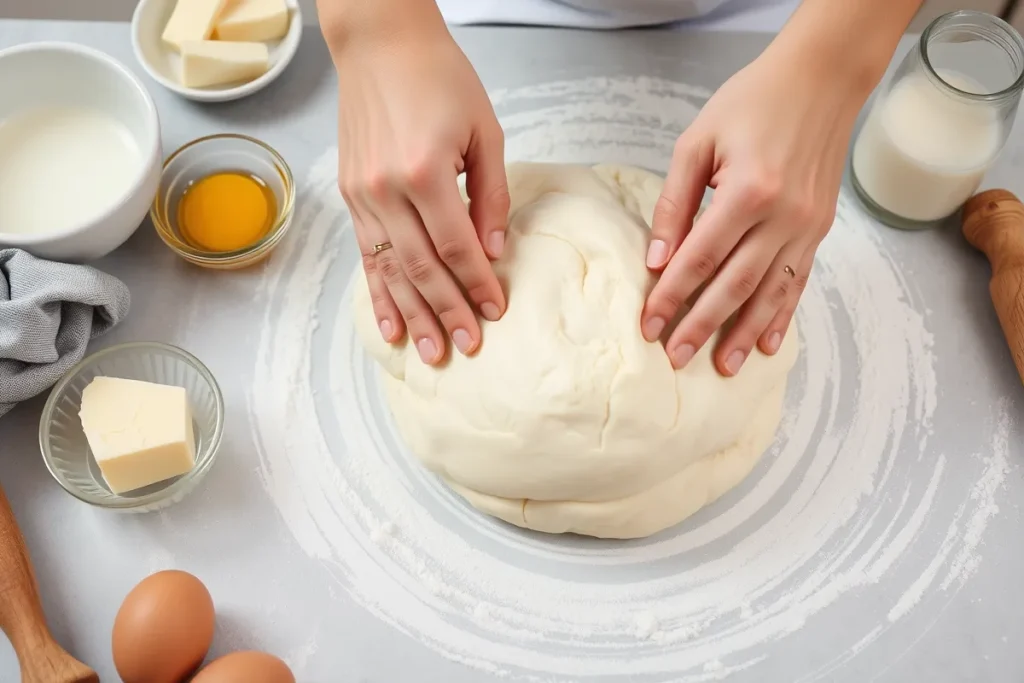 Hands kneading buttery brioche dough on a floured surface.