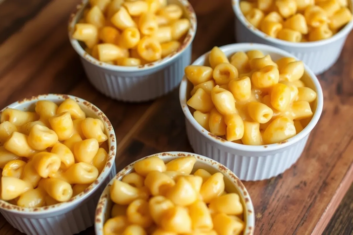 "Small white ramekins filled with creamy macaroni and cheese arranged on a wooden surface."