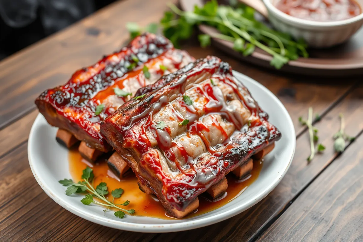 Tender beef back ribs with caramelized glaze on a rustic table.