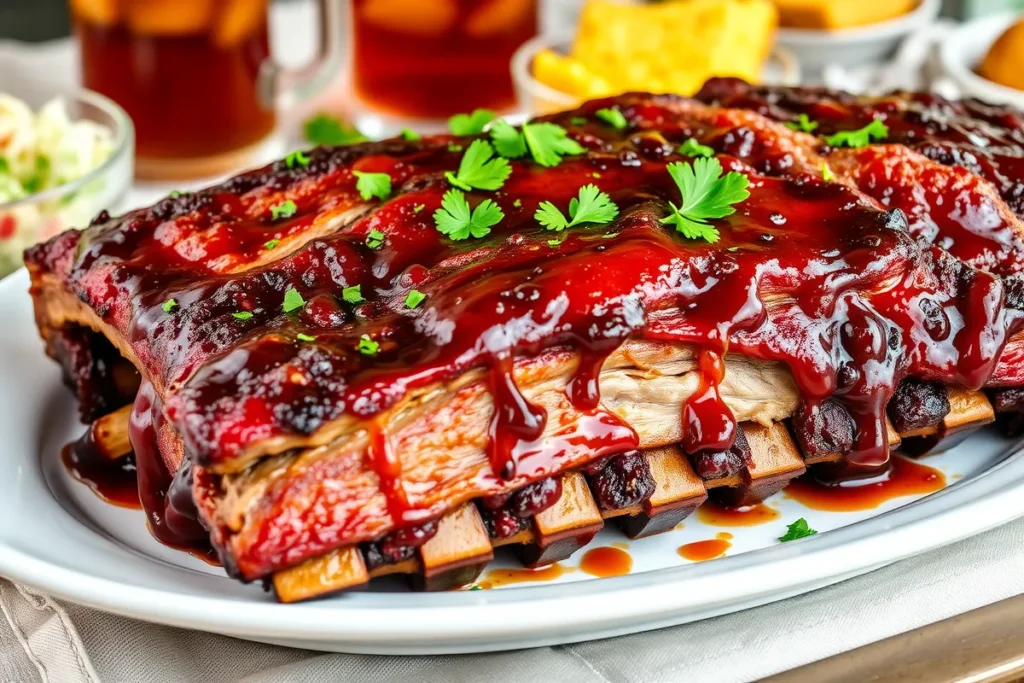 Platter of caramelized beef back ribs with barbecue glaze and sides.