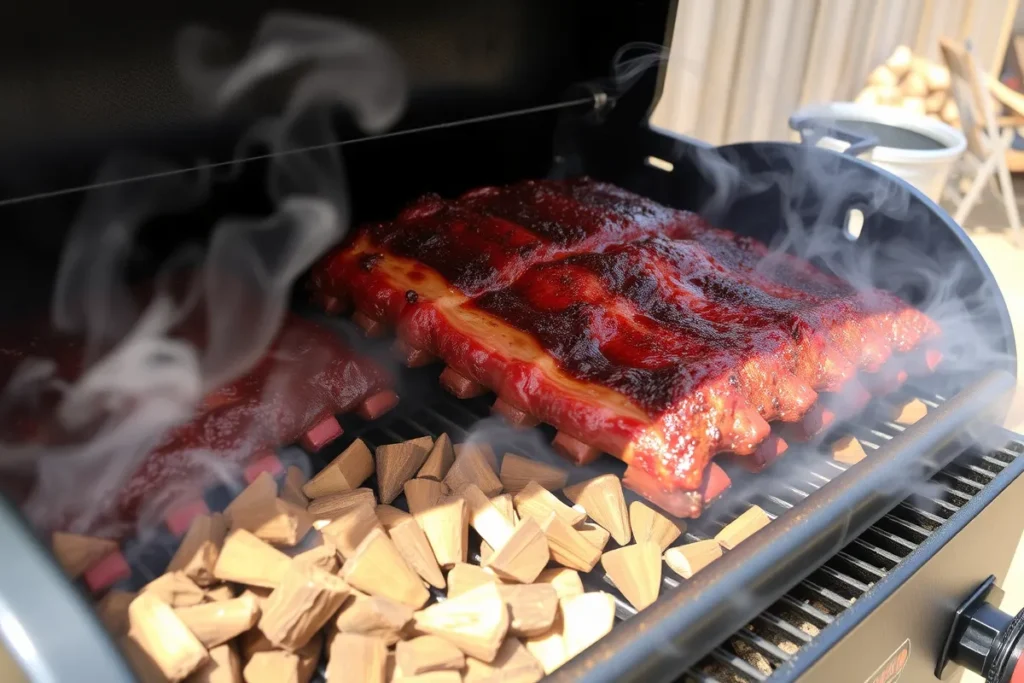 Beef back ribs smoking on a traditional smoker with hickory wood chips.