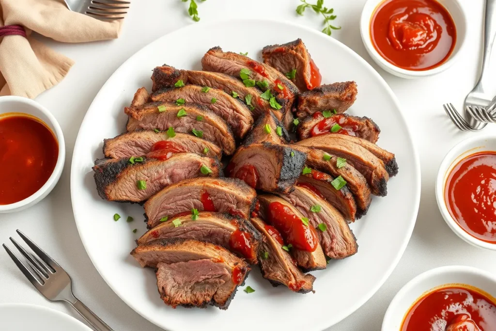 Sliced beef back ribs served with barbecue sauce and garnishes