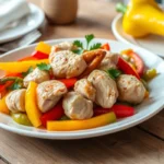 A colorful chicken and peppers dish garnished with parsley on a rustic table.