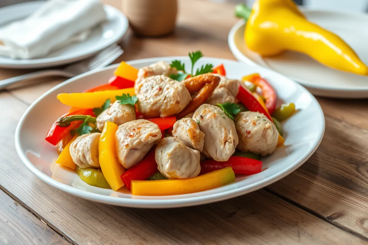 A colorful chicken and peppers dish garnished with parsley on a rustic table.