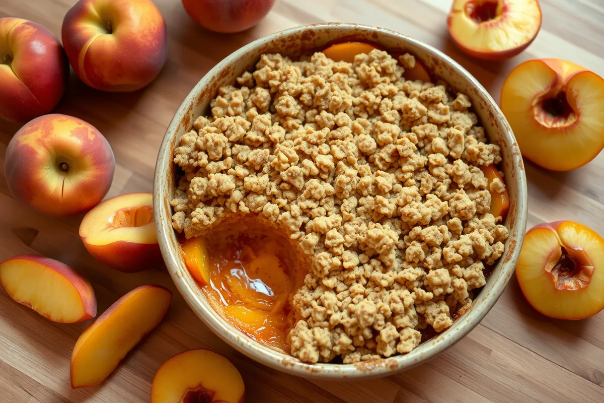 A golden peach crumble in a rustic dish surrounded by fresh peaches.