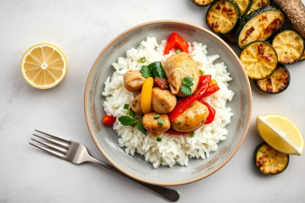 Chicken and peppers served with white rice and roasted zucchini.