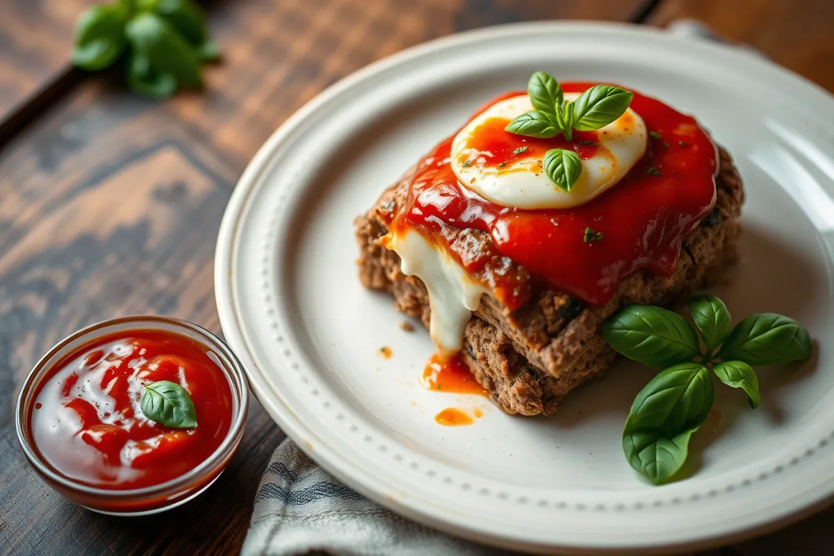 Italian meatloaf with mozzarella and marinara sauce on a rustic wooden table.