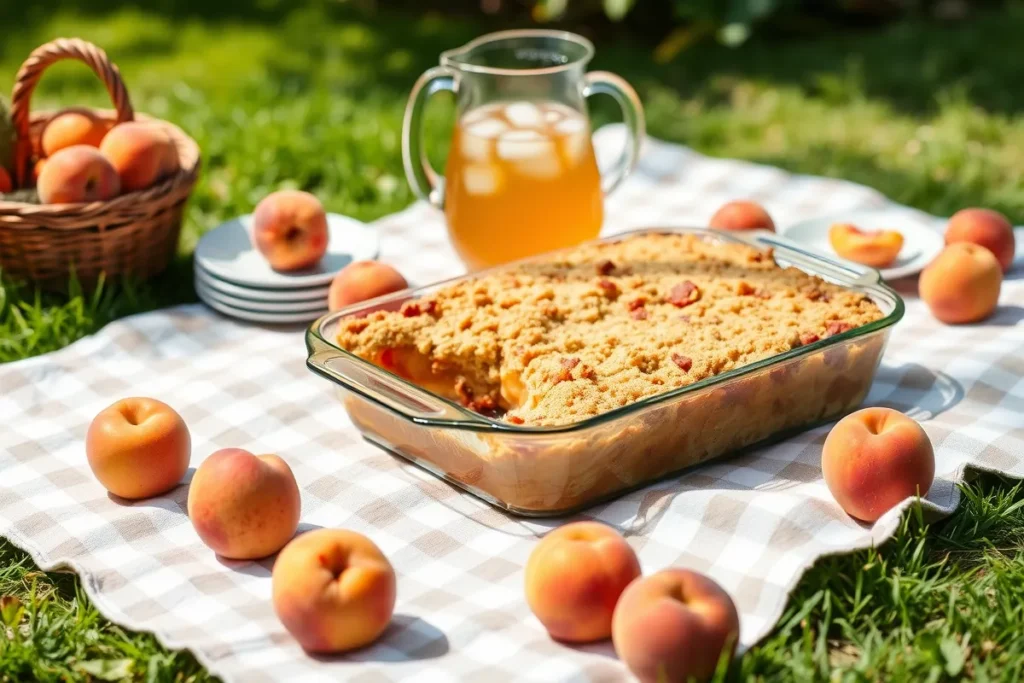 Peach crumble served outdoors on a picnic blanket with fresh peaches and iced tea