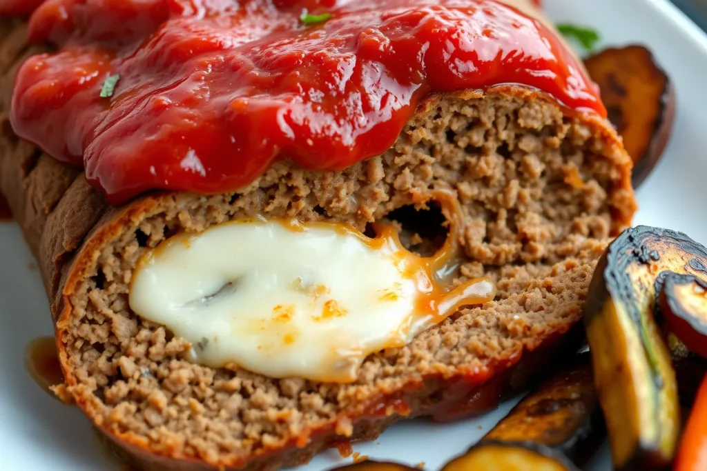 Sliced Italian meatloaf with melted cheese and marinara sauce.