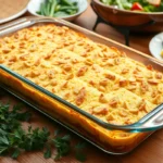 A freshly baked Million Dollar Chicken Casserole with a golden-brown crispy topping.