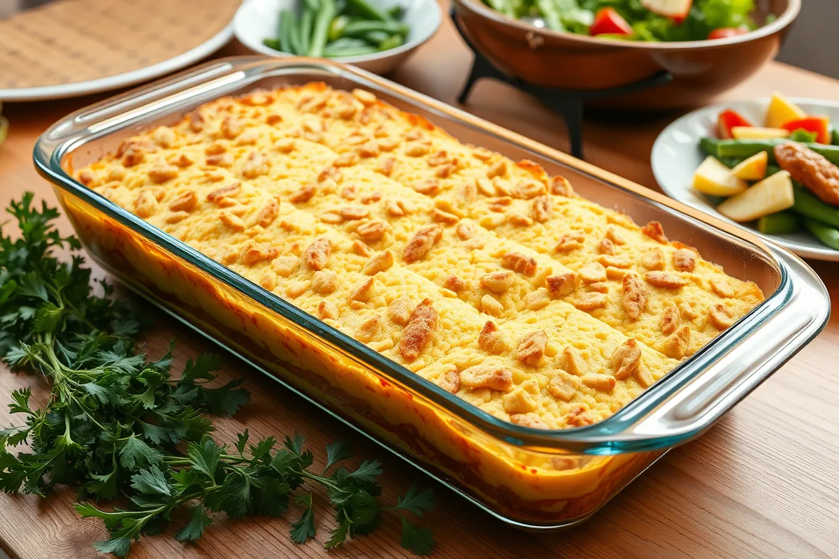 A freshly baked Million Dollar Chicken Casserole with a golden-brown crispy topping.