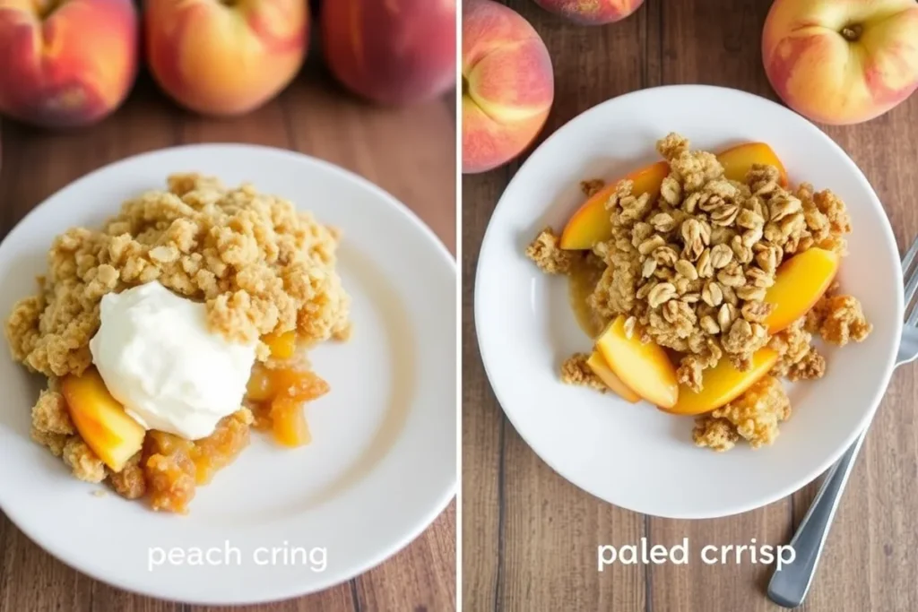 Side-by-side comparison of peach crumble and peach crisp on plates