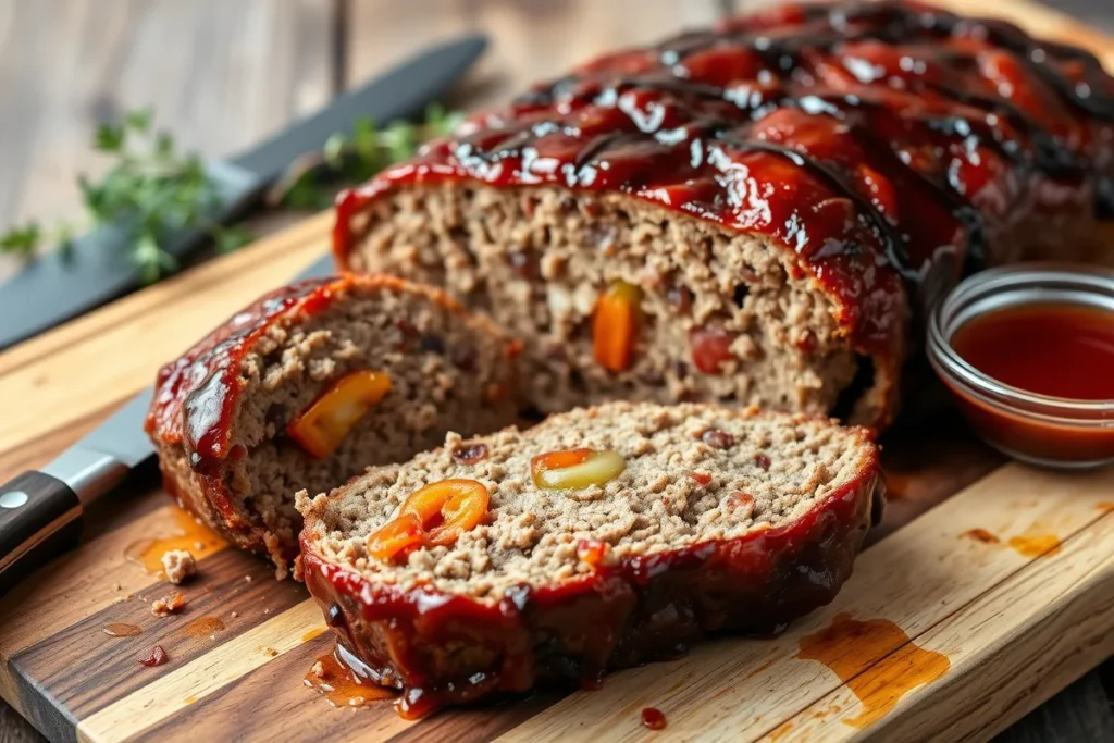 Freshly baked meatloaf sliced on a wooden cutting board with caramelized glaze and vegetables.