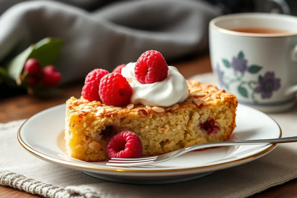 "A slice of almond nut cake topped with raspberries and whipped cream