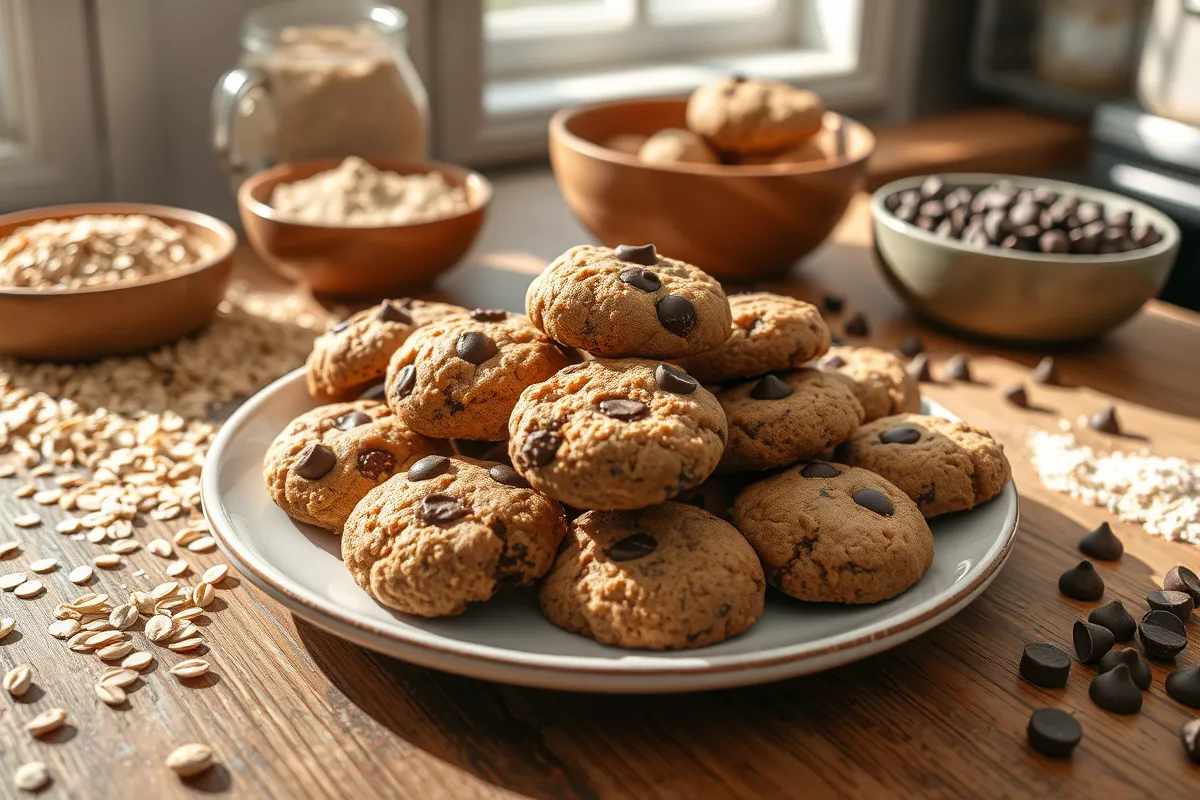 Protein cookies on a wooden table with natural ingredients.