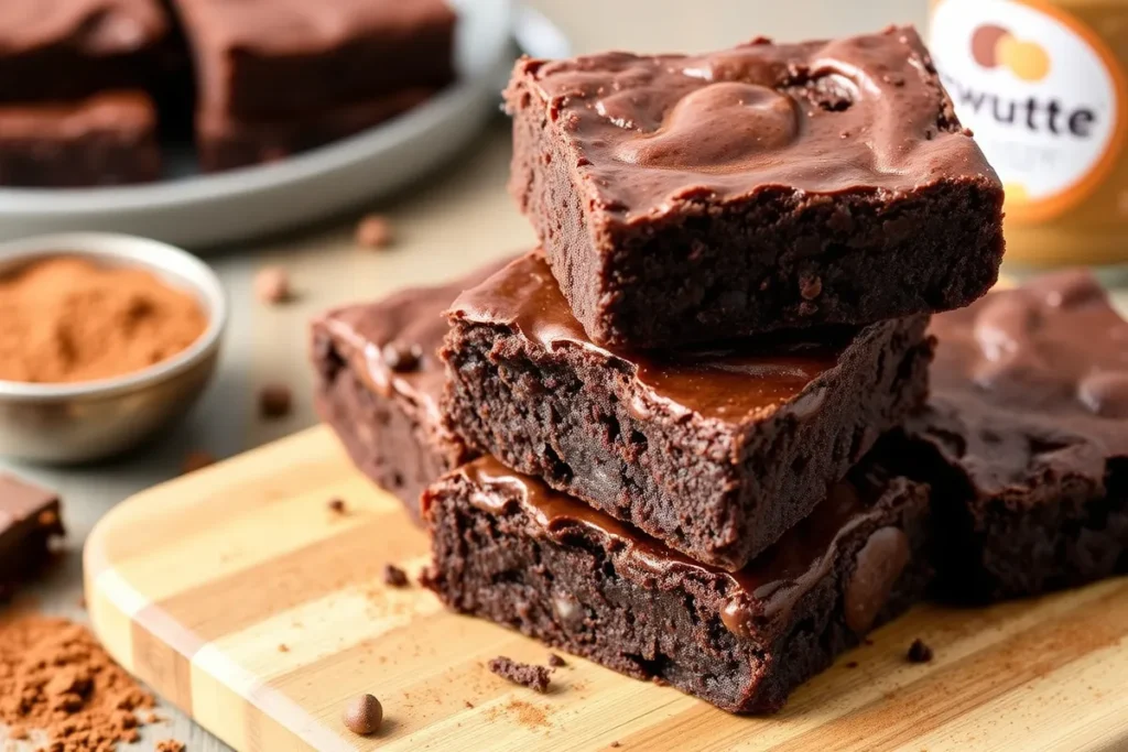 Fudgy 3 ingredient brownies stacked on a wooden board.