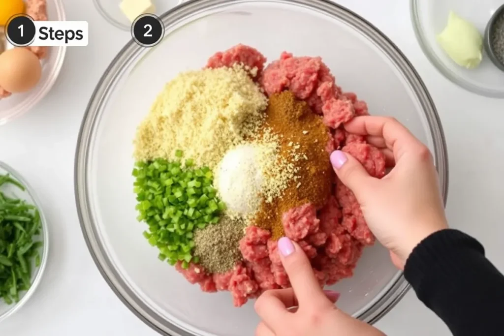  Hands mixing ground meat with breadcrumbs, eggs, and seasonings in a bowl.