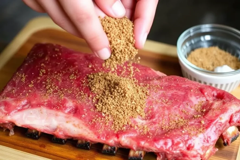 Beef ribs being seasoned with a dry rub on a wooden cutting board.