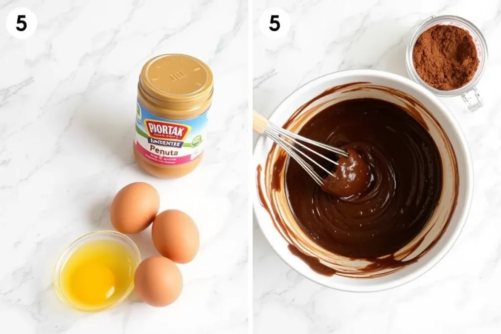 Ingredients for 3 ingredient brownies with a mixing bowl and batter.