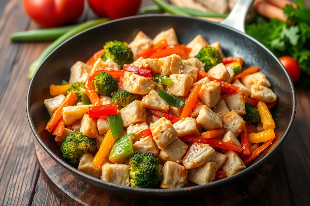 Stir-fried diced chicken with colorful vegetables.