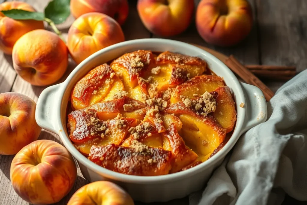 Freshly baked peach dessert with golden topping in a ceramic dish