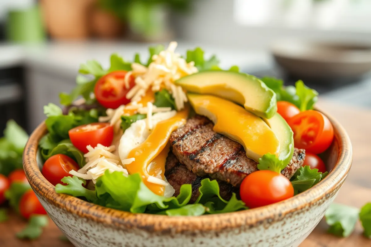 Healthy burger bowl with beef and fresh vegetables.