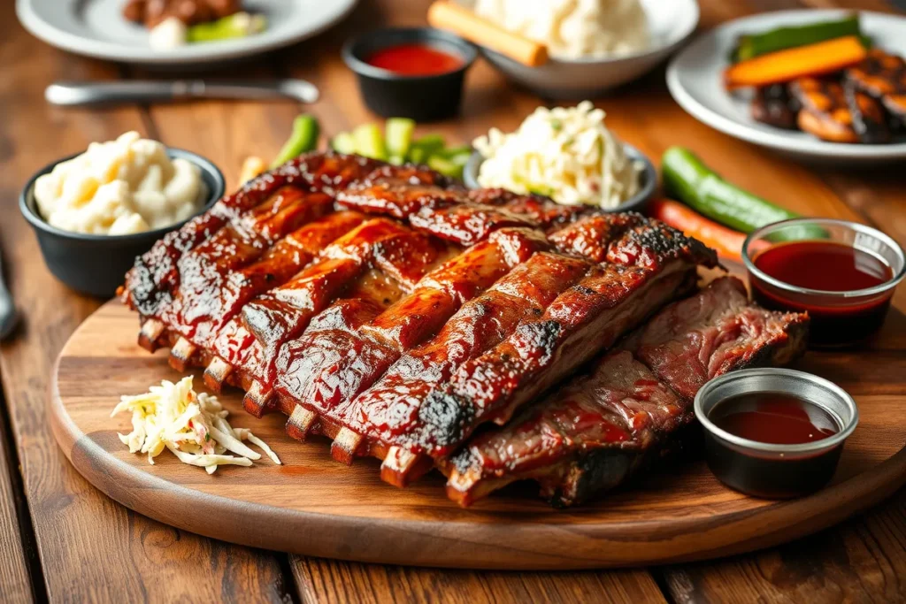 Barbecue-glazed beef ribs with mashed potatoes, coleslaw, and grilled vegetables.