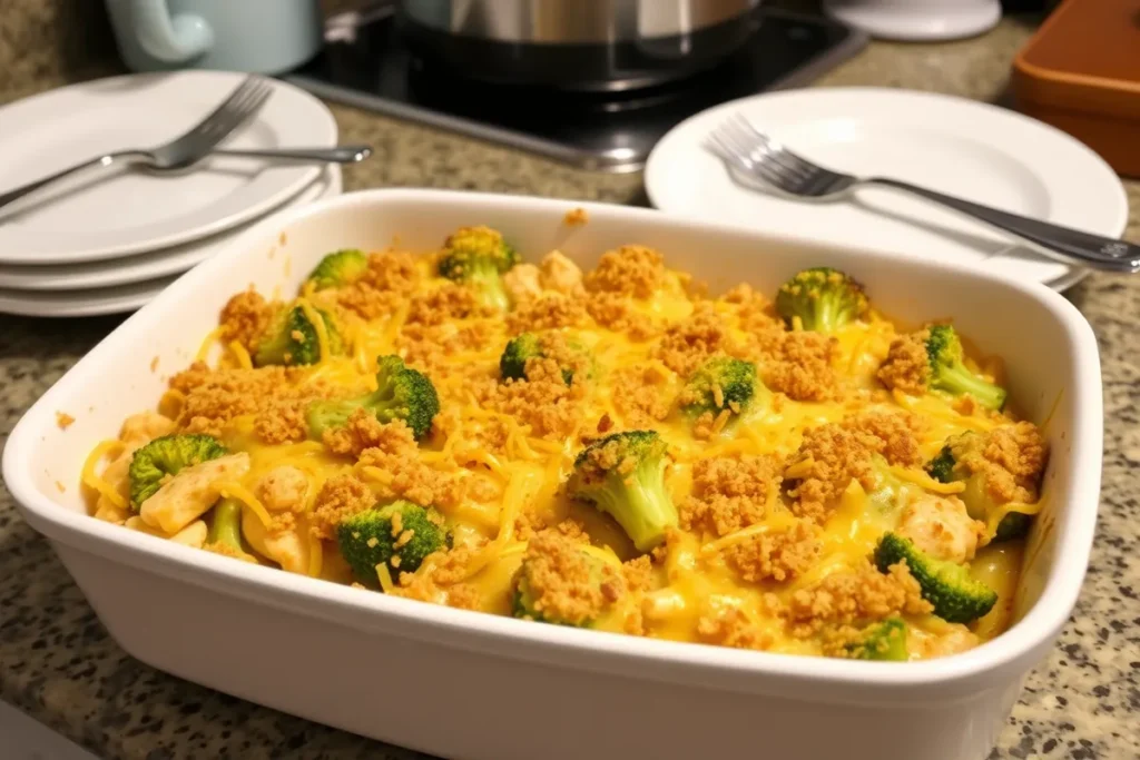 Chicken and broccoli casserole with cheese topping.