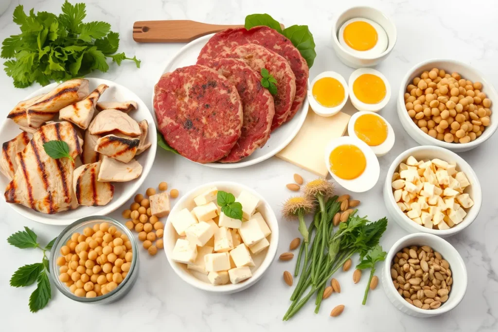 A variety of high-protein ingredients for burger bowls.