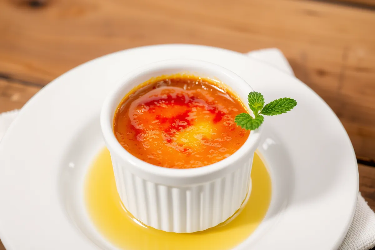 Caramelized crème brûlée in a white ramekin with golden-brown crust.