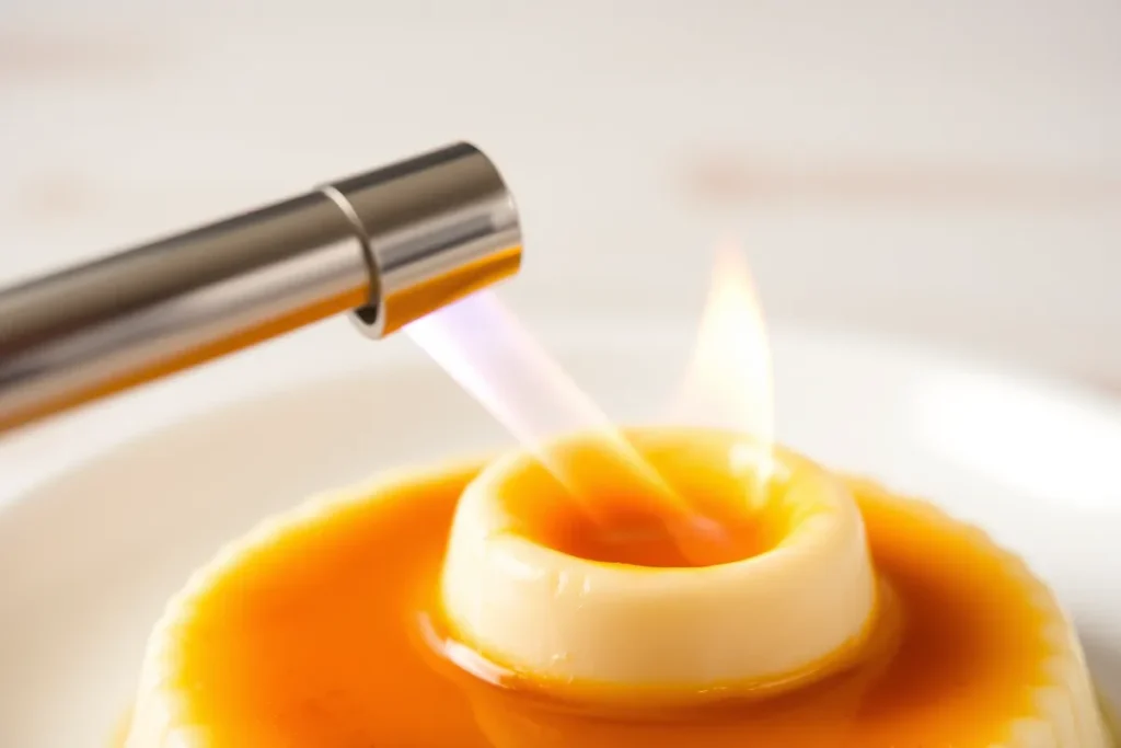 Kitchen torch caramelizing sugar on crème brûlée.