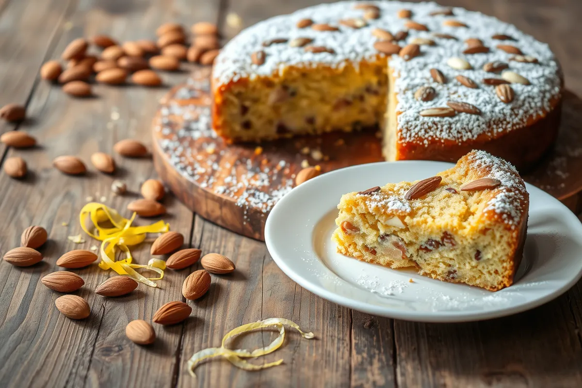 A freshly baked almond nut cake with powdered sugar on a rustic table