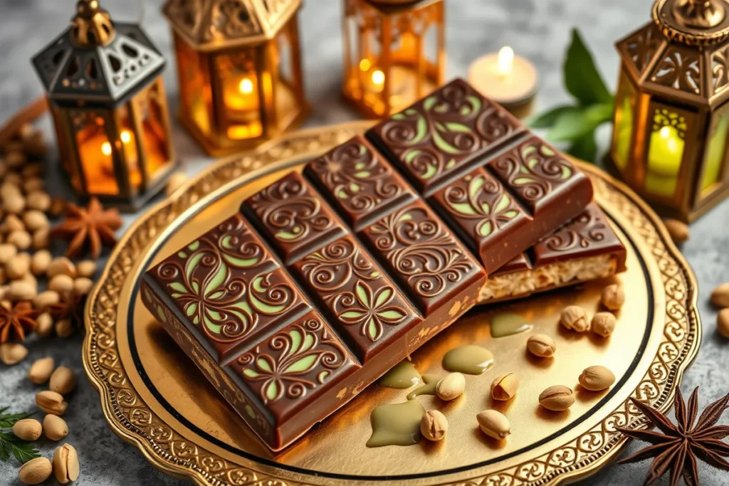 Dubai chocolate bar with pistachio cream and kataifi on a gold tray with Middle Eastern decor.