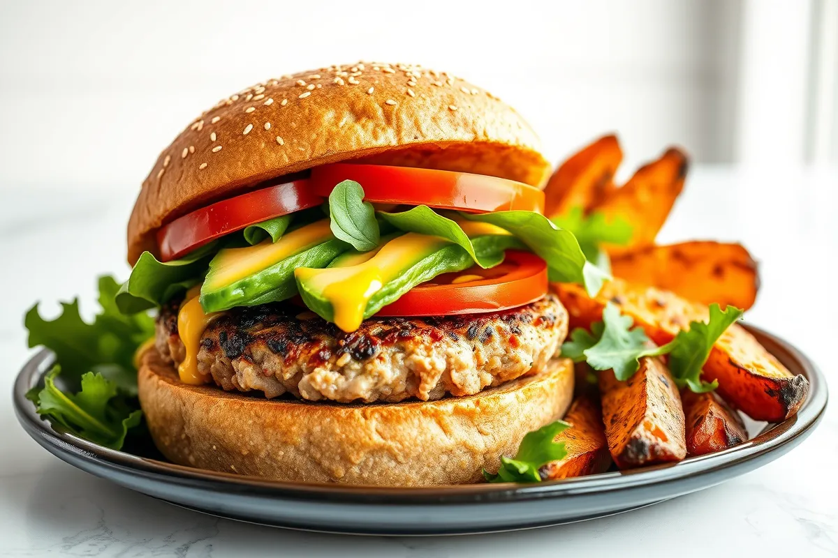 Healthy burger with whole-grain bun, turkey patty, fresh spinach, avocado, and baked sweet potato wedges.