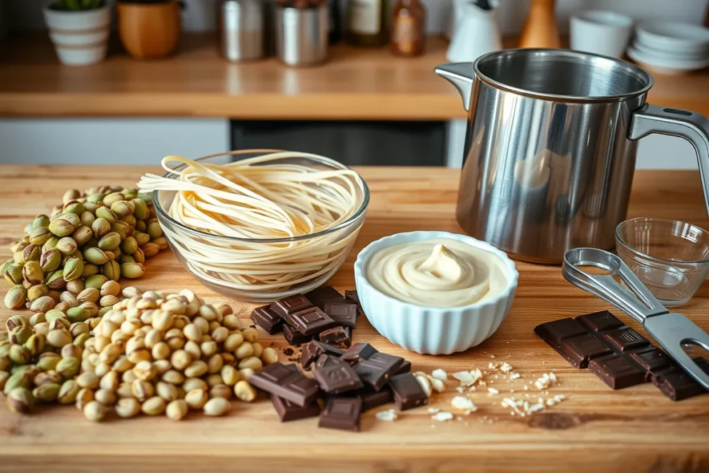 Ingredients and tools for making Dubai chocolate bars on a wooden counter without branded packaging.