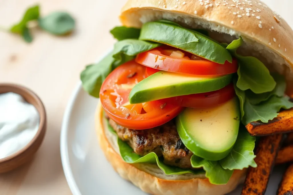 Fresh burger toppings: spinach, avocado, tomatoes, and baked sweet potato wedges with Greek yogurt sauce.