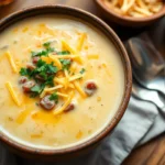 Steaming bowl of creamy hamburger potato soup garnished with parsley and cheddar cheese.